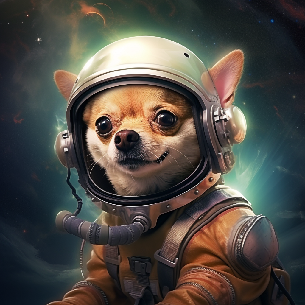 Realistic astronaut white chihuahua in space