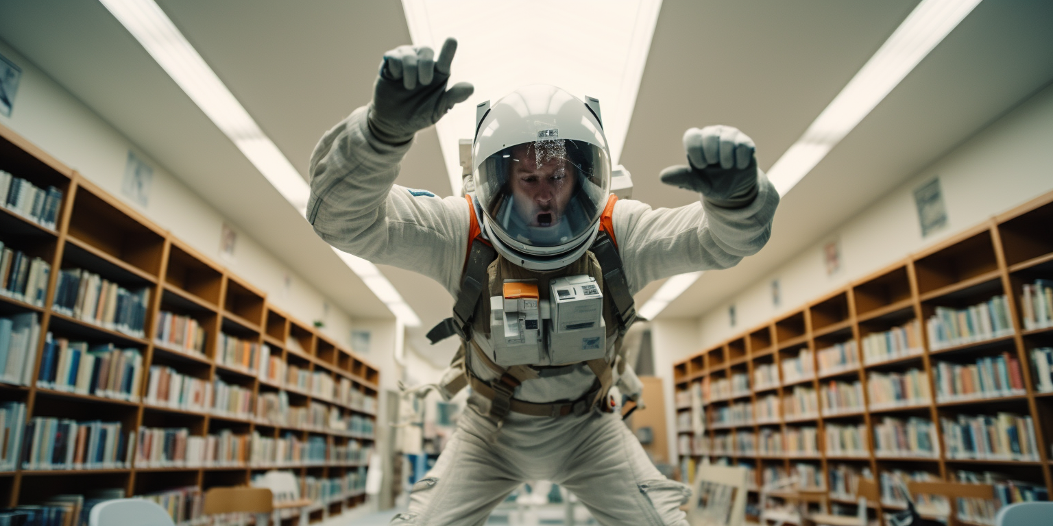 Astronaut yelling in library scene