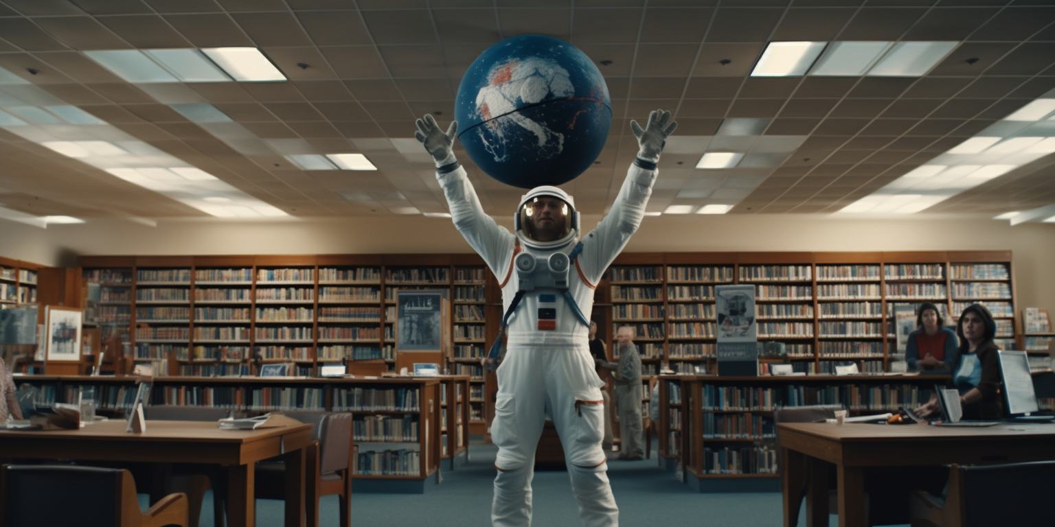 Astronaut yelling at library with megaphone