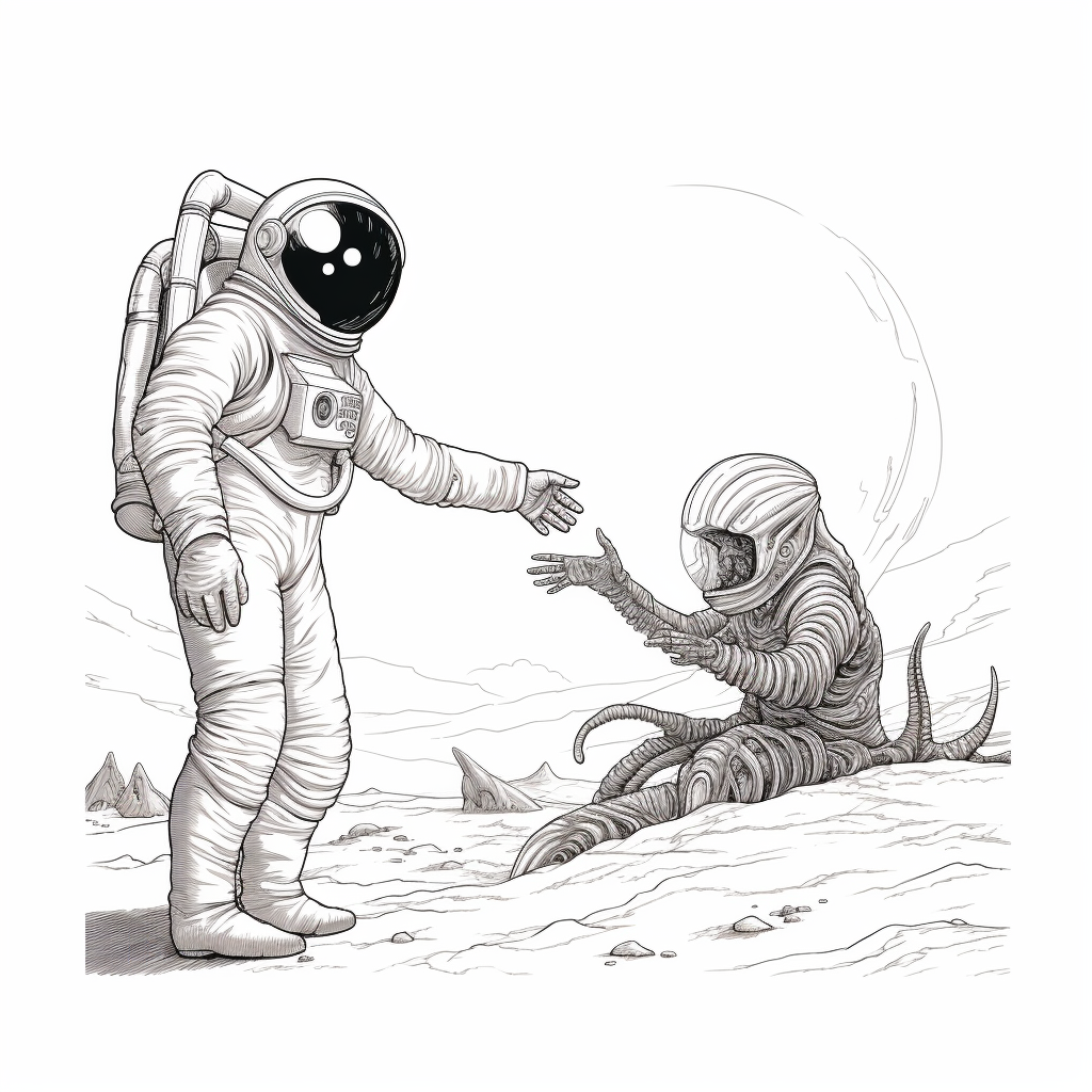 Astronaut touching an Alien sketch