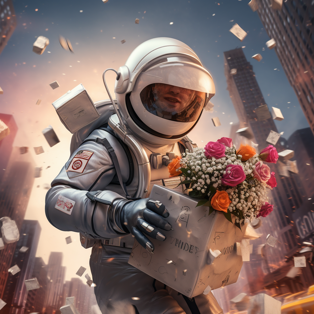 Astronaut Delivery Man with Pinwheel Helmet and Flying Letters