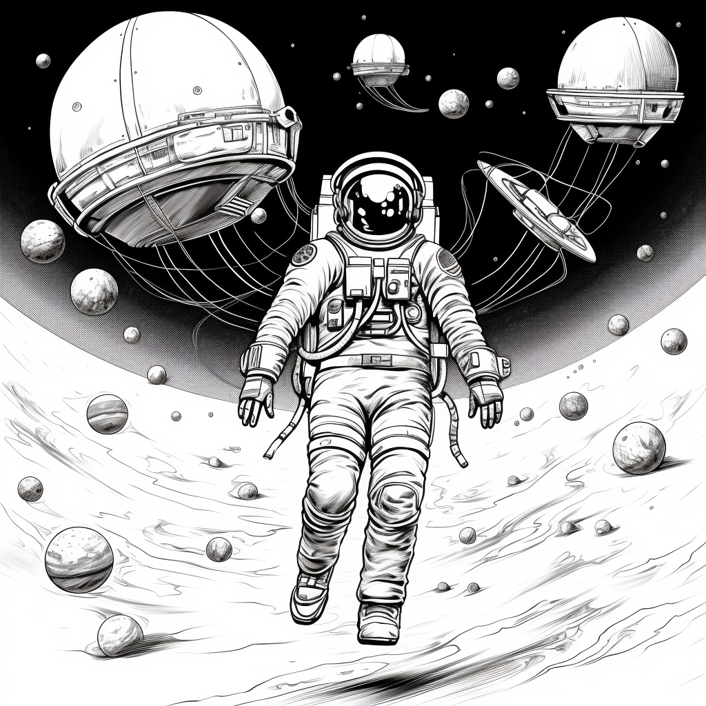 Astronaut surrounded by alien spaceships in space