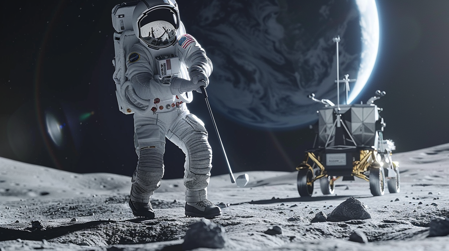 American astronaut golfing on moon surface