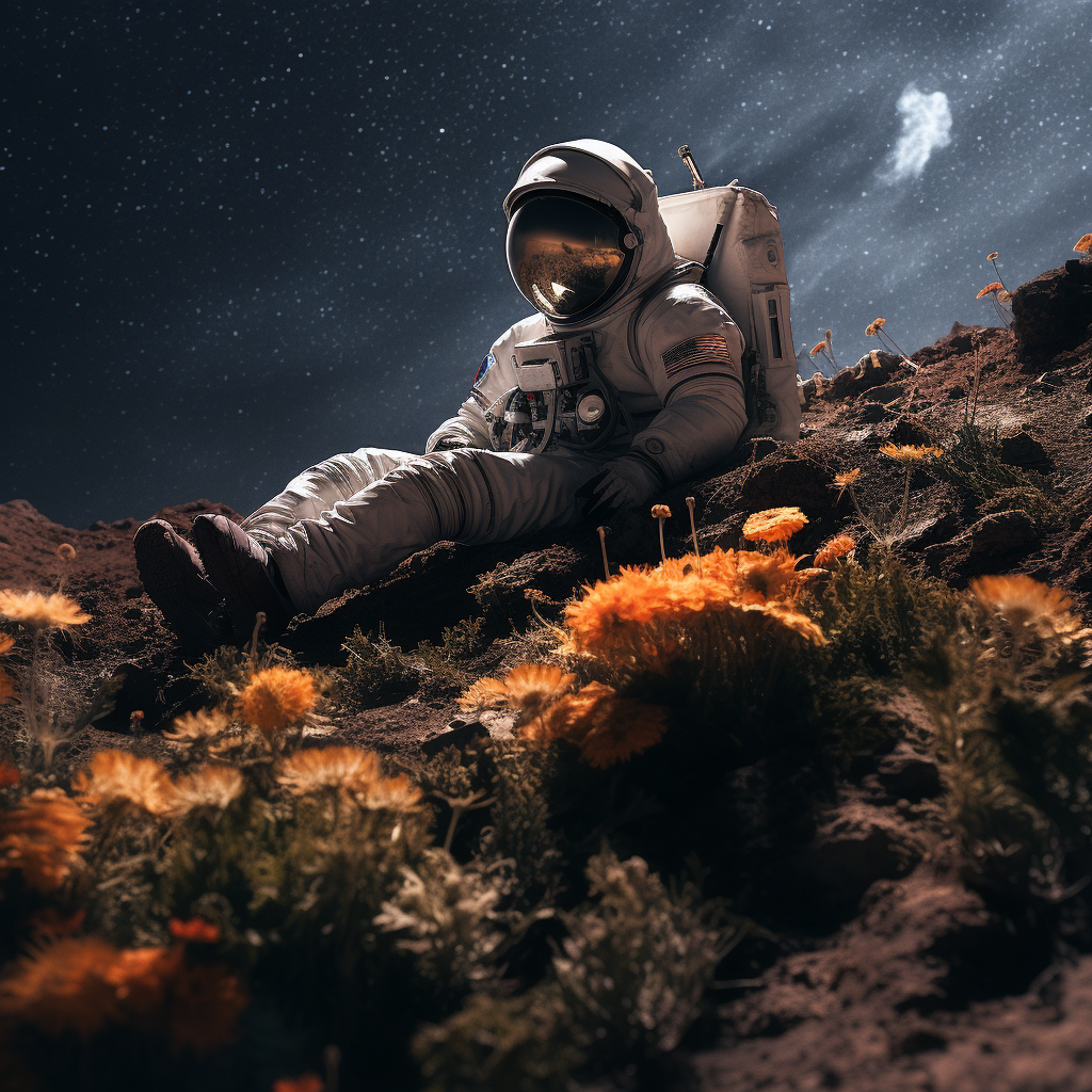 Astronaut resting on moon crater with flower