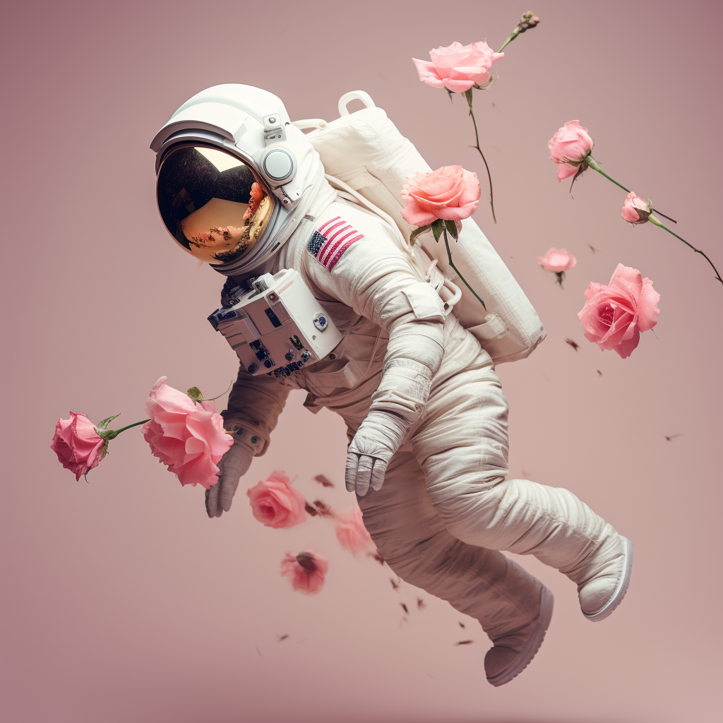 Astronaut woman in white and pink costume flying towards a flower