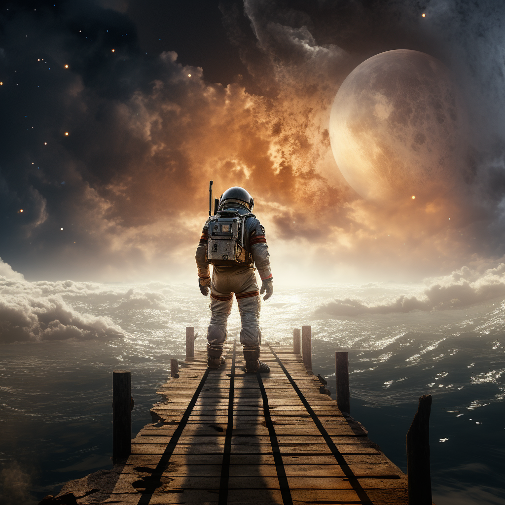 Astronaut on Wooden Pier Looking at Meteor in Ocean