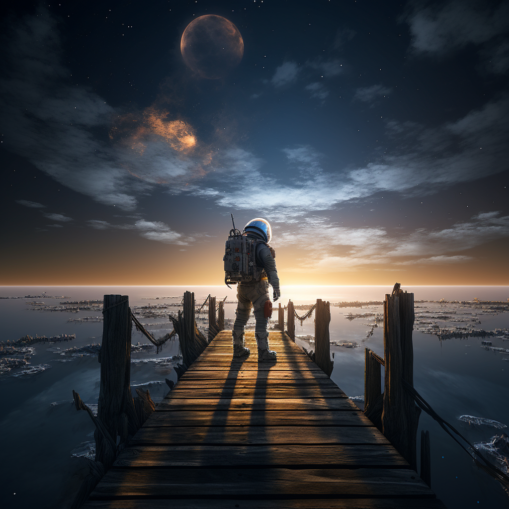 Astronaut on wooden pier overlooking ocean with meteor