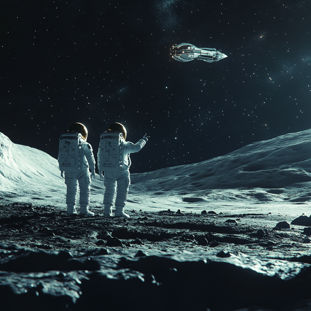 astronauts pointing spaceship moon