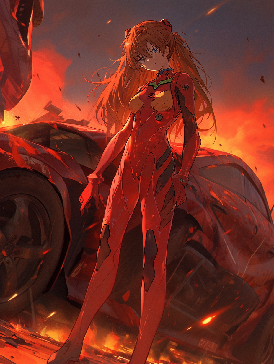 Asuka Langley trapped in burning spaceship wreckage