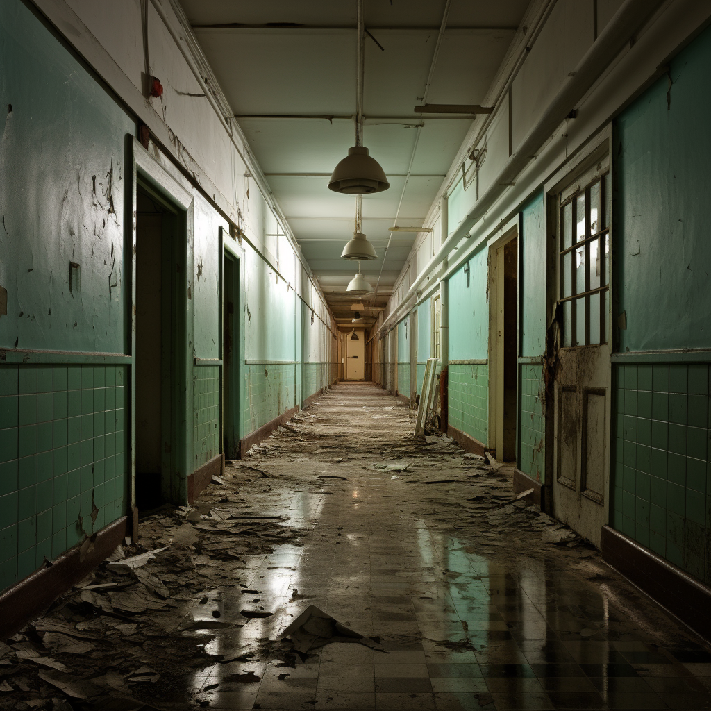 Abandoned asylum hallway with eerie atmosphere