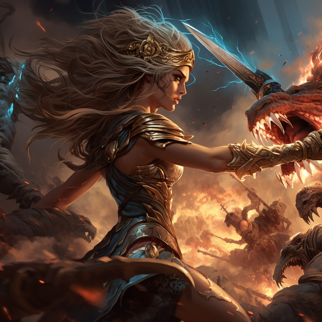 Athena fights fierce monster fearlessly.