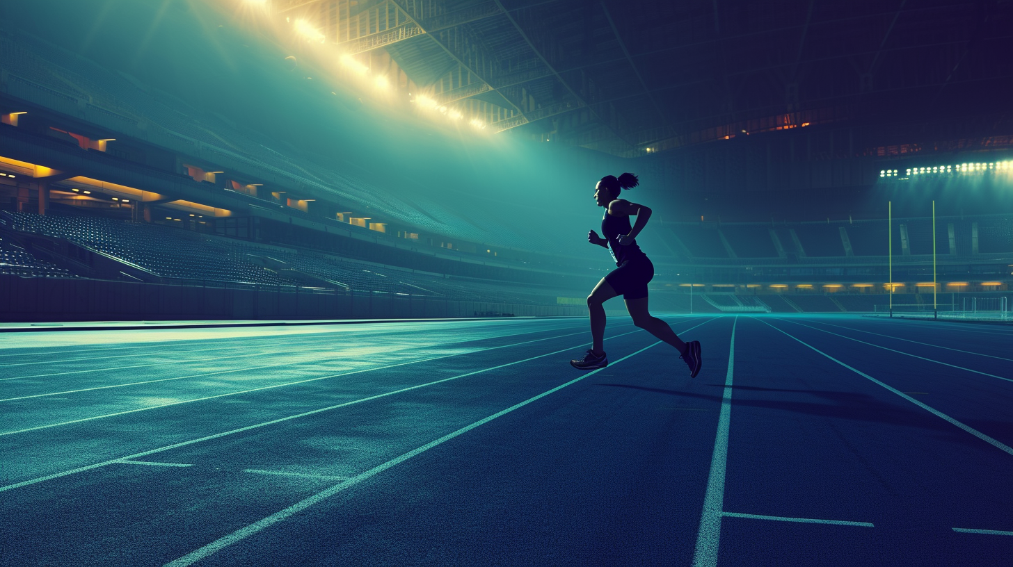 Athlete running on track at night stadium