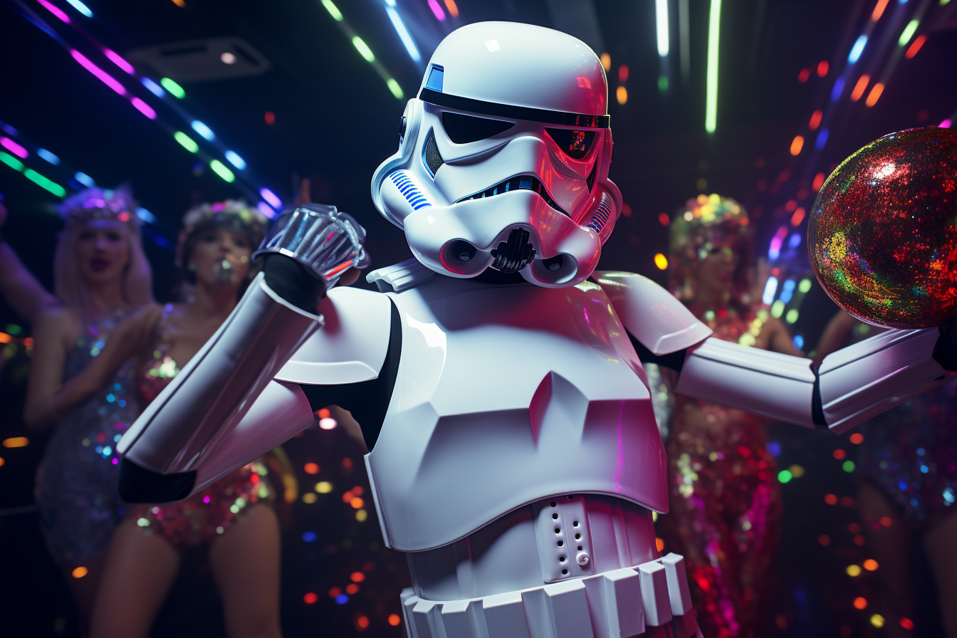 Athletes in Disco Party Dress with Stormtrooper Helmet