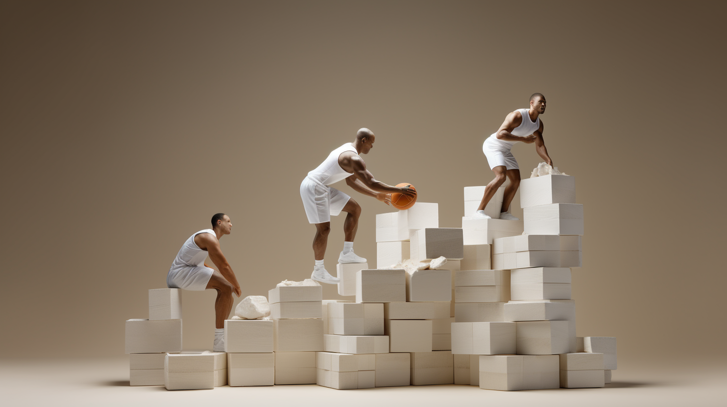 Athletes on sustainable white box pile