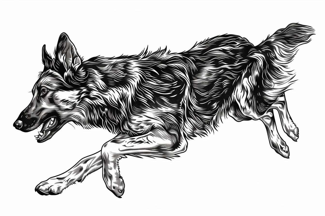 German Shepherd Dog Running Woodcut Style