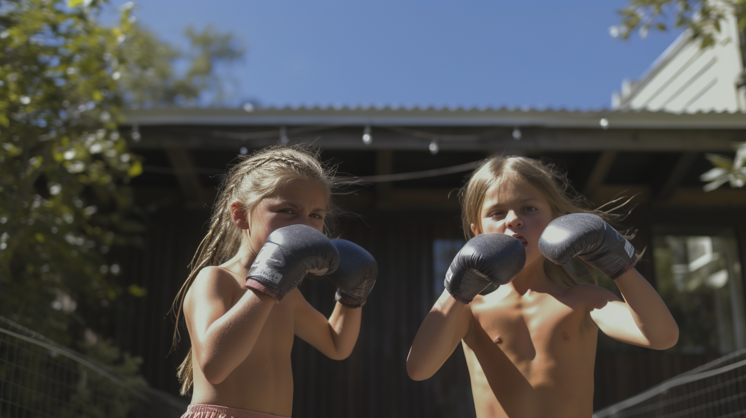 Athletic twin sisters kickboxing in backyard