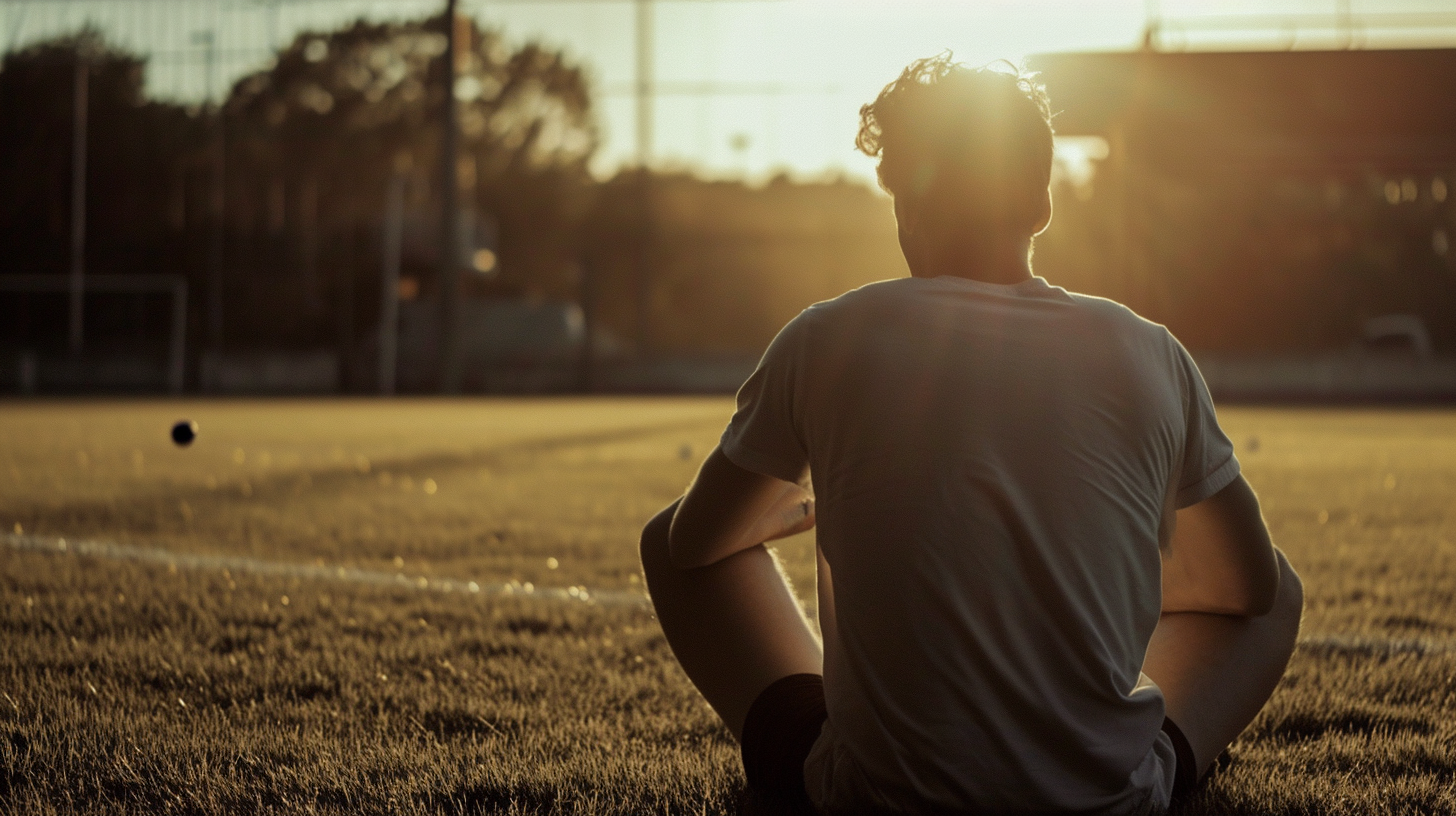 Athletic man sitting in shadows at stadium