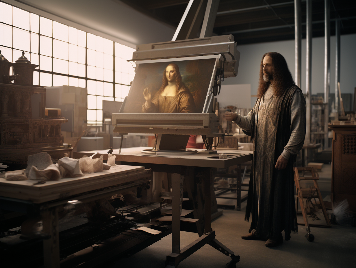 Leonardo da Vinci observing 3D printing