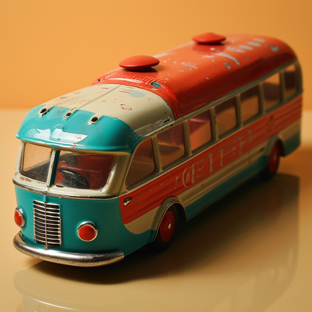 Colorful atomic age toy passenger bus profile