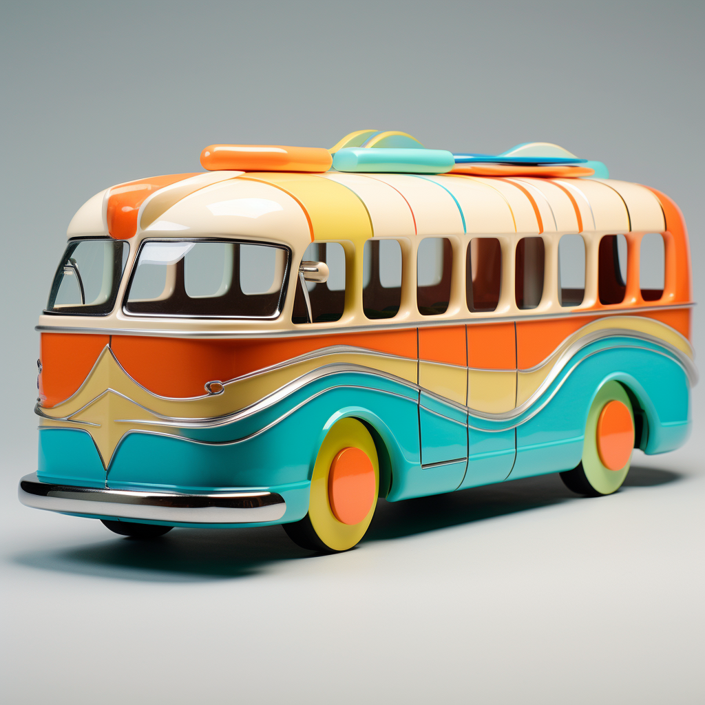 Vibrant atomic age toy passenger bus in profile