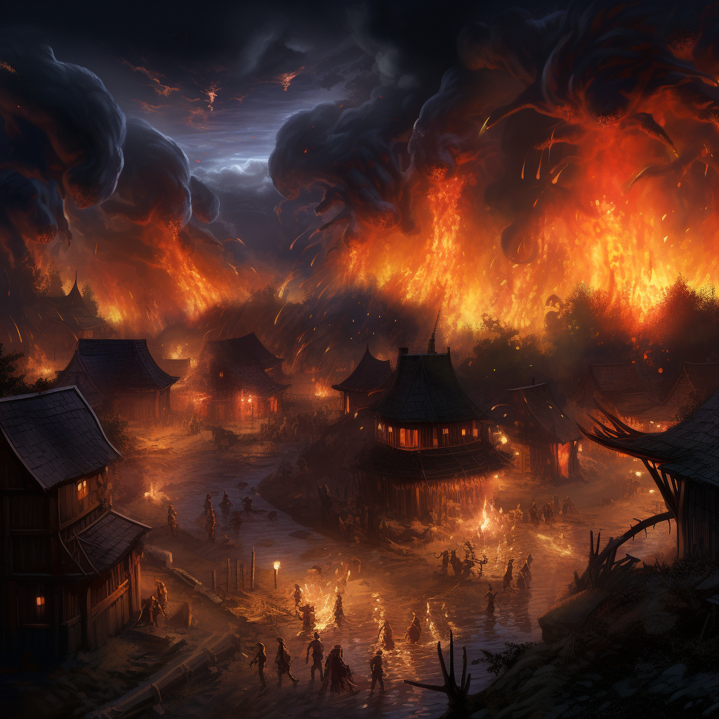 Eldritch monsters destroy village at night