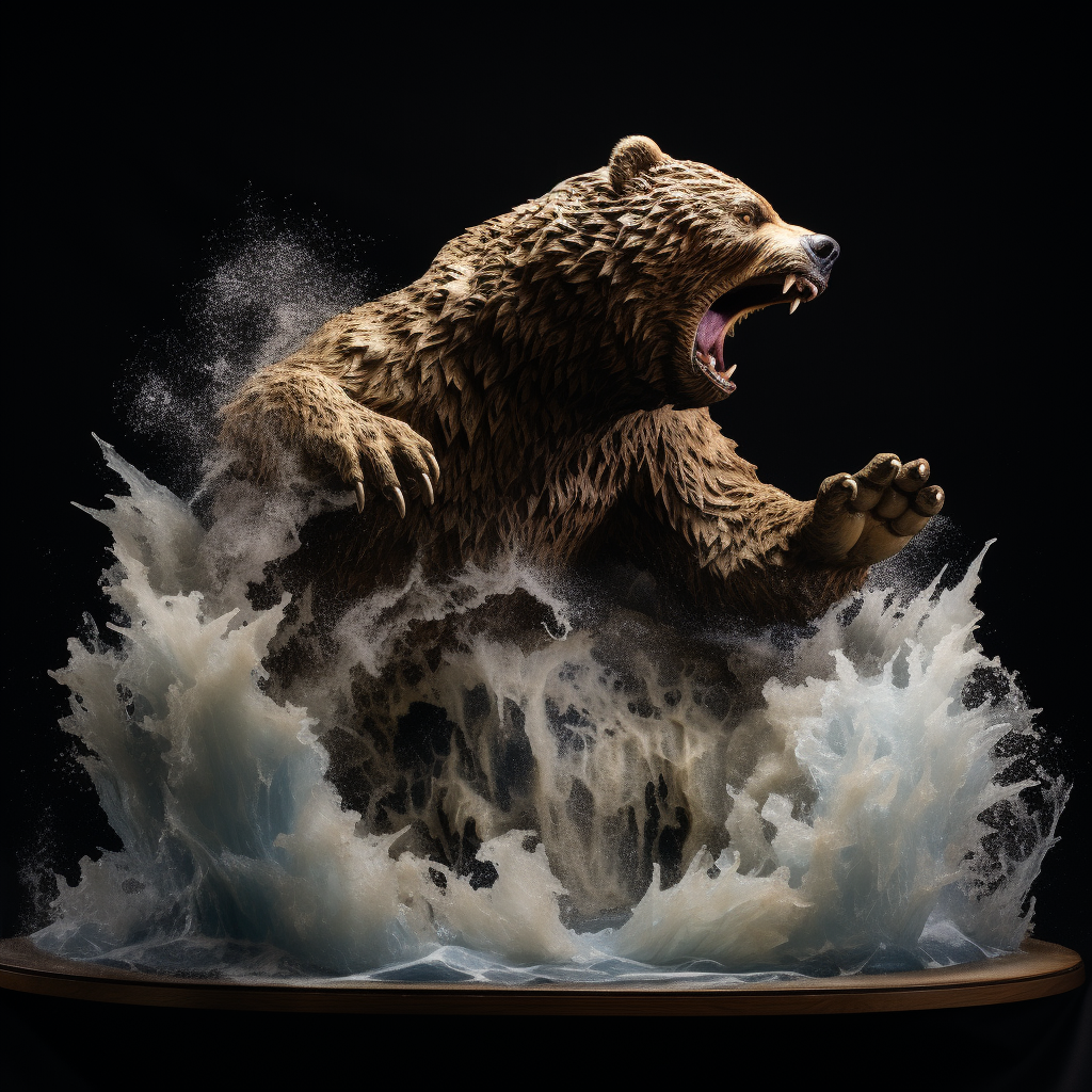 Surrealistic wave sculpture of an attacking grizzly bear