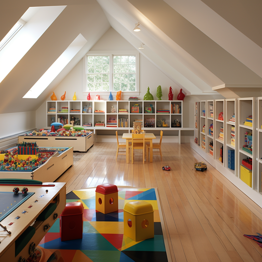 Attic playroom with storage and Legos