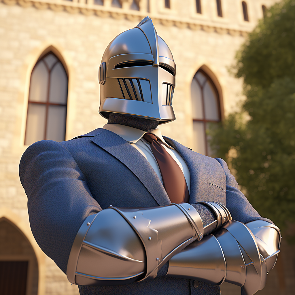 Professional attorney in medieval paladin pose