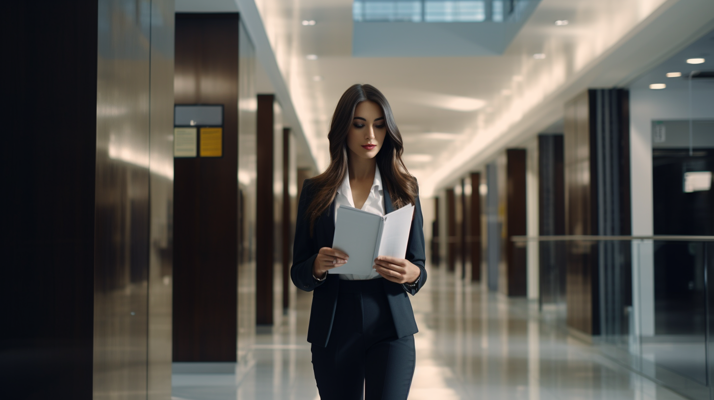 Young brunette attorney reviewing documents in office hallway