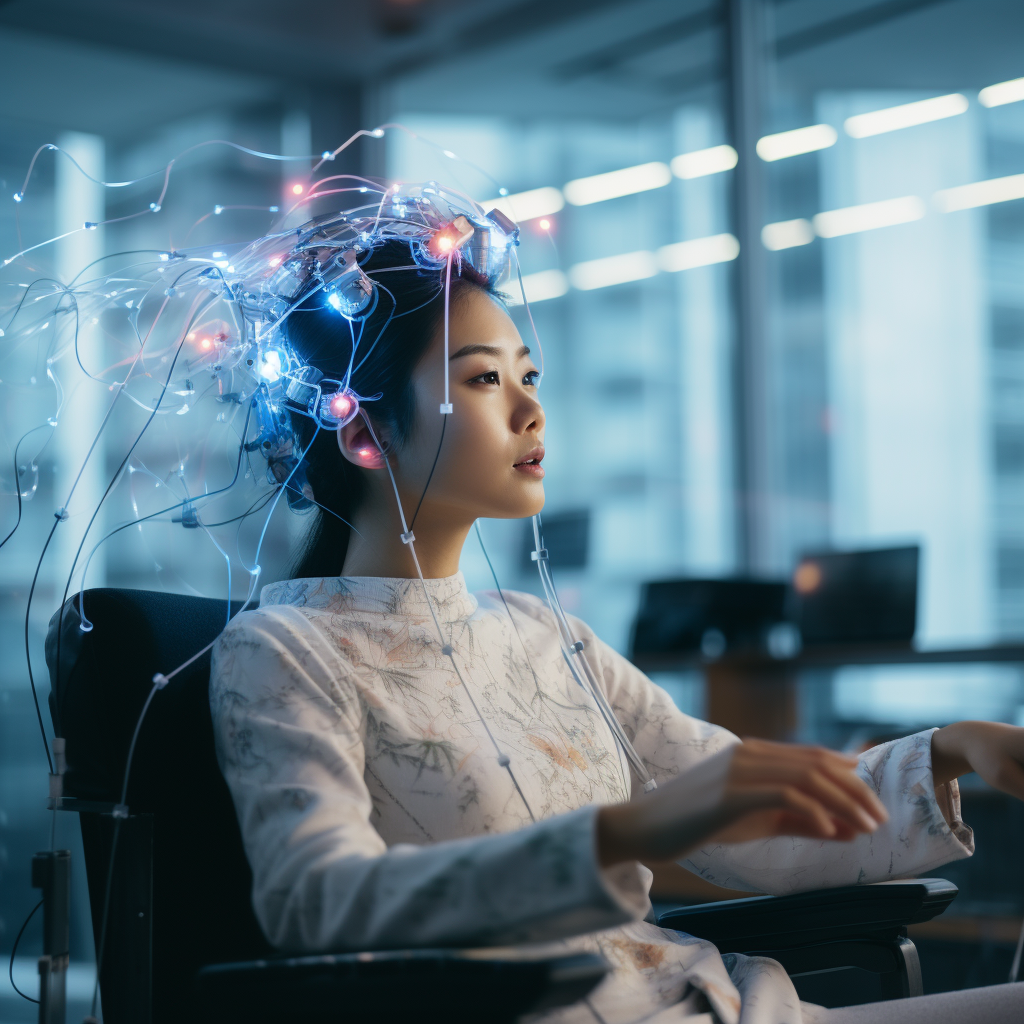 Asian female using brainwaves device (6 words)