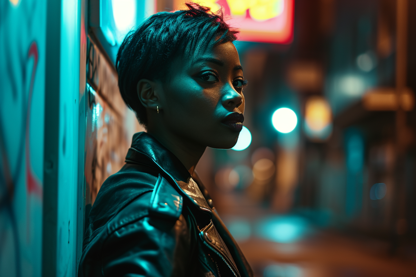 Attractive black woman in futuristic leather jacket