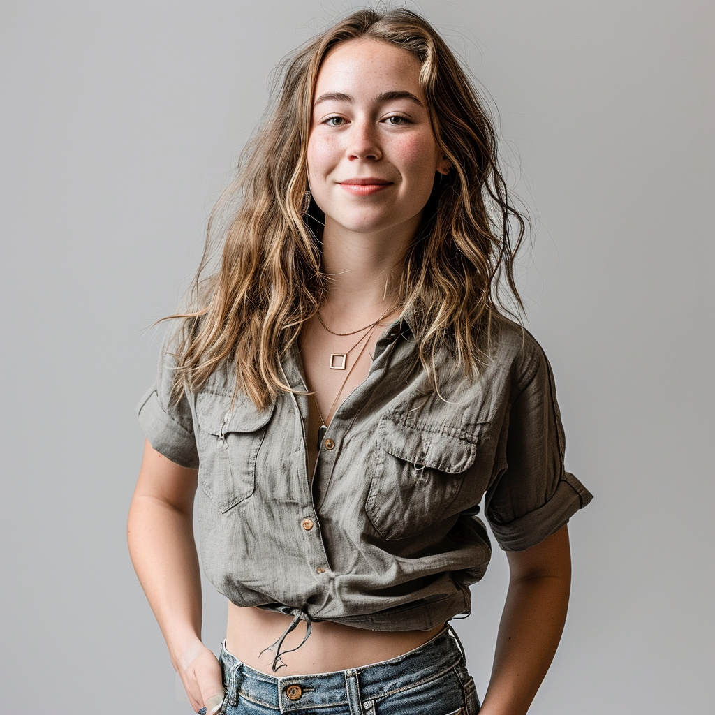 Smiling confident female model in casual attire