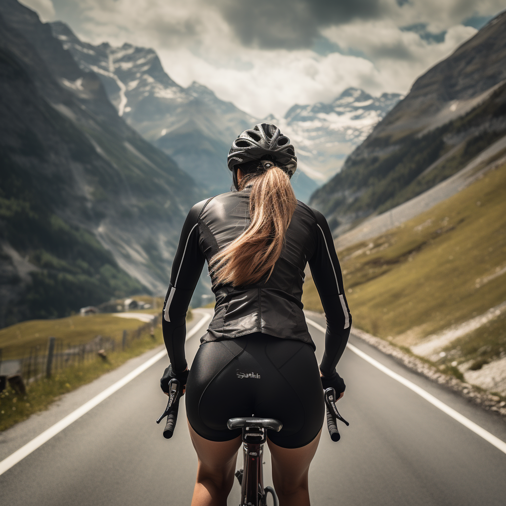 Female cyclist dominating mountain road on road bike