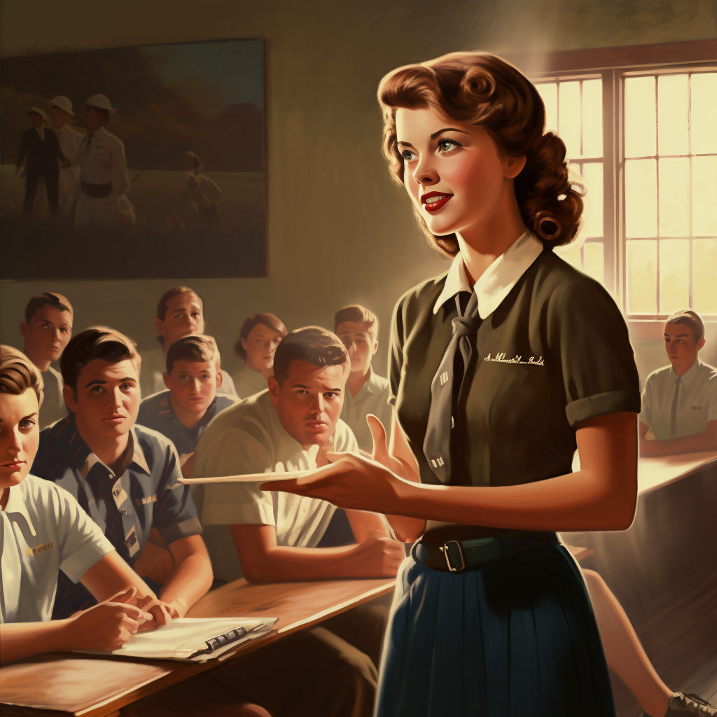 Female teacher teaching 1950s boarding school kids