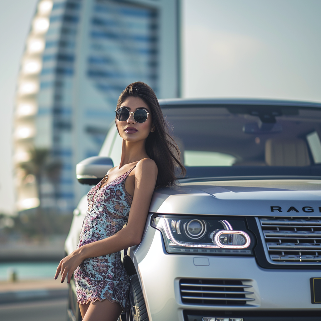 Attractive girl in Dubai with Burj Khalifa and Burj Al Arab