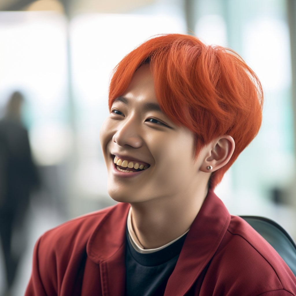 Korean man with red hair smiling