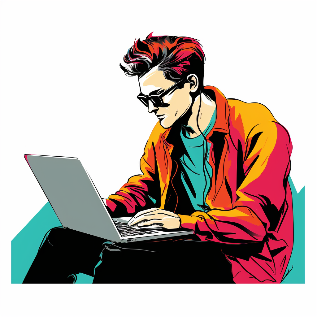 Attractive male reading laptop in a minimalist style