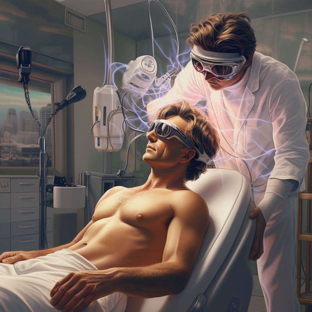 Male receiving laser hair treatment