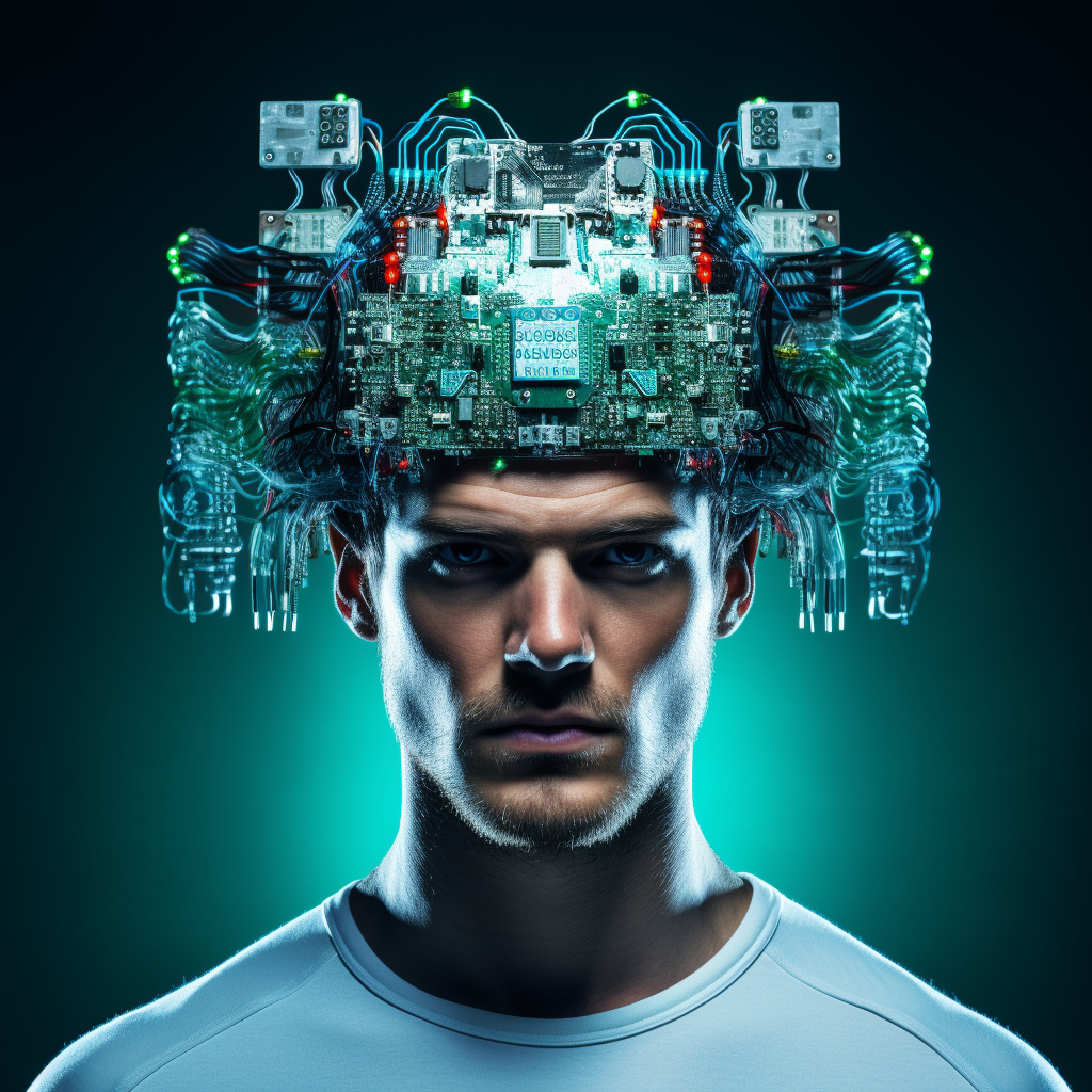 Attractive man with electronic chip on head