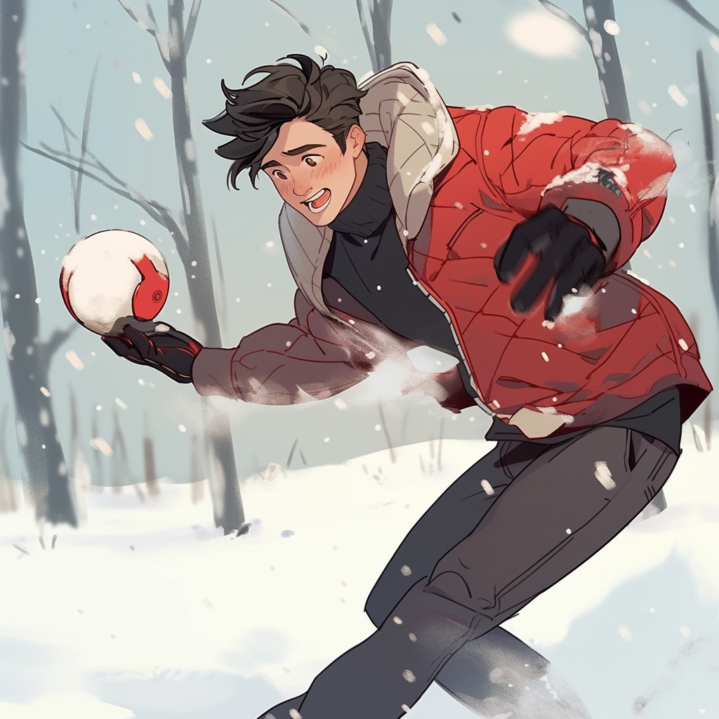 Image of an attractive man engaging in a snowball fight