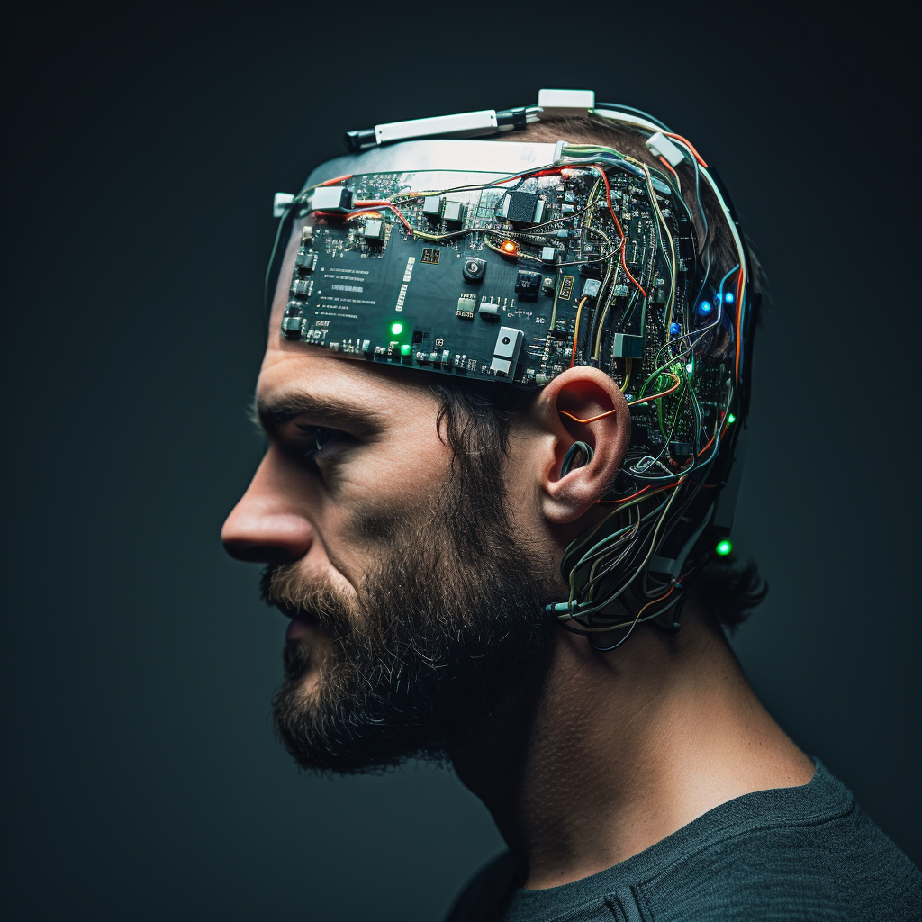 Attractive man with electronic chip on his head