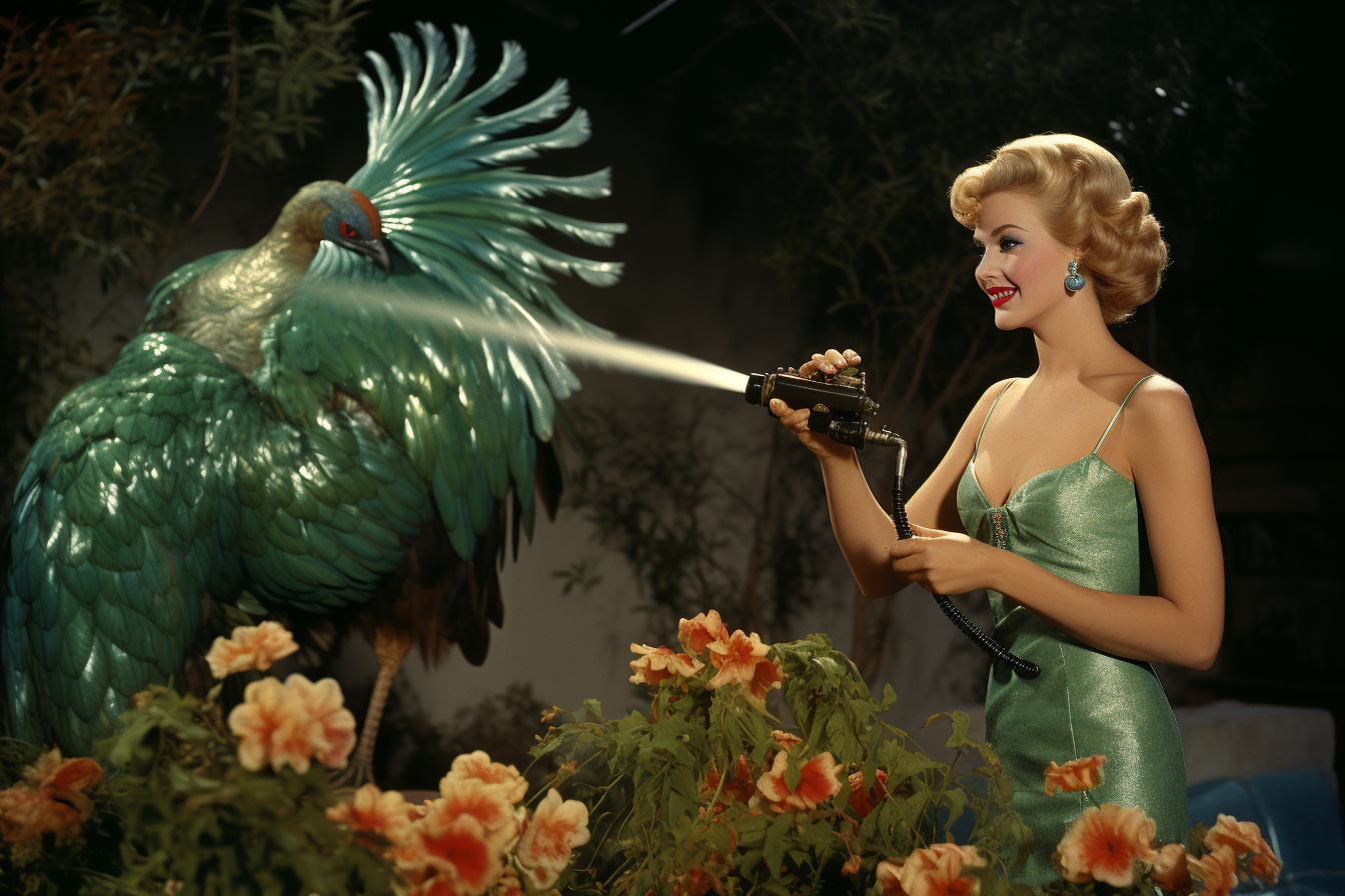 Blonde woman sprays peacock with garden hose in 1950s magazine