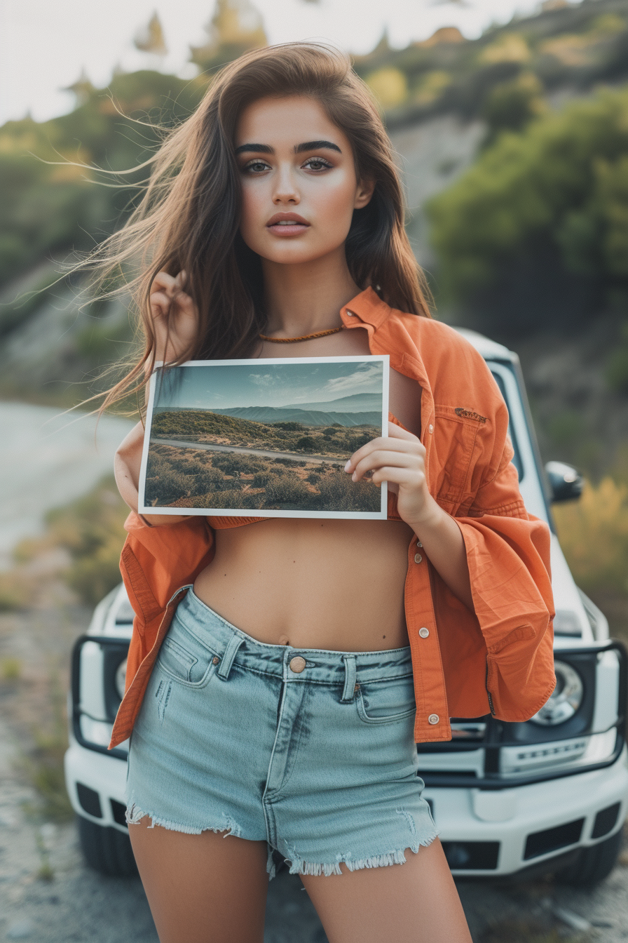 Woman Holding Big Picture of Car