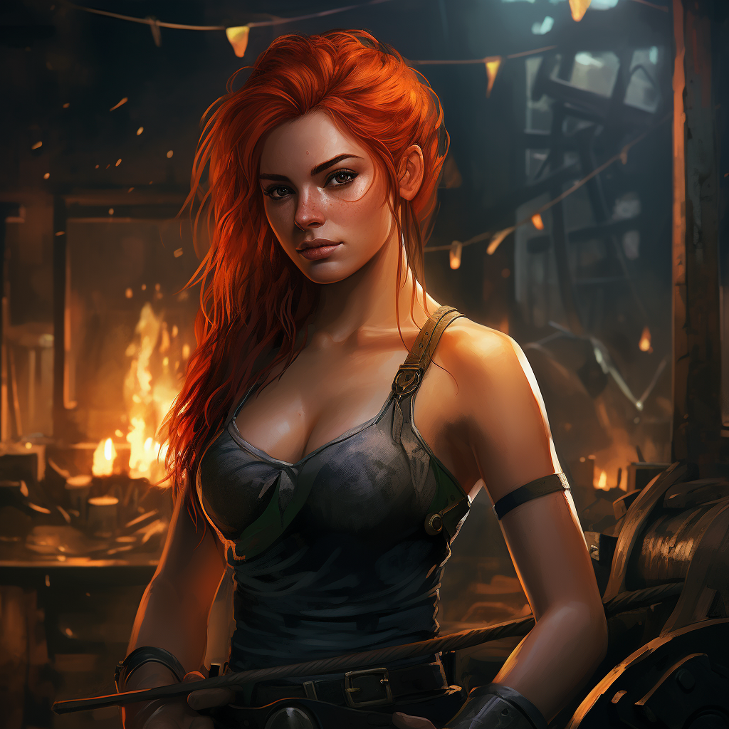 Attractive woman with fiery red hair in forge