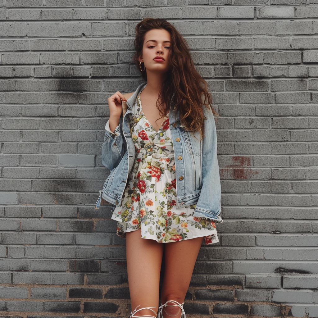 Attractive young woman in floral mini dress and jean jacket