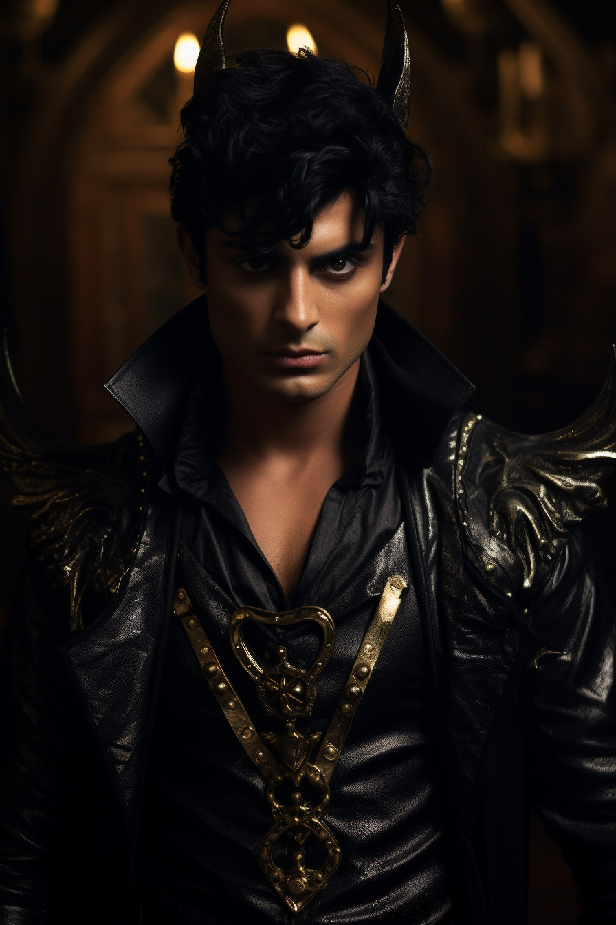 Attractive male with devil horns in dark leather