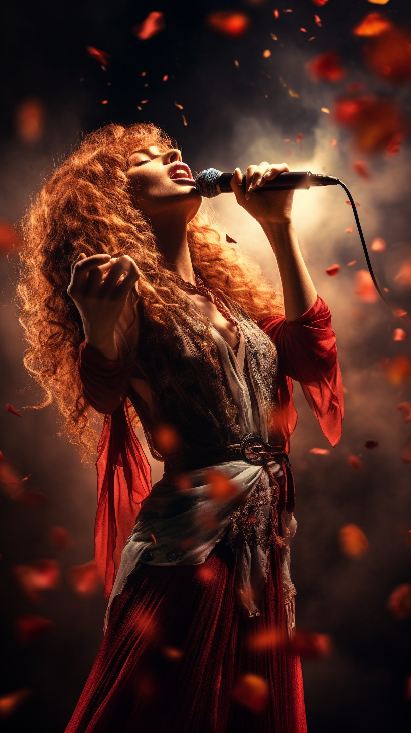 Woman with long curly hair singing on stage