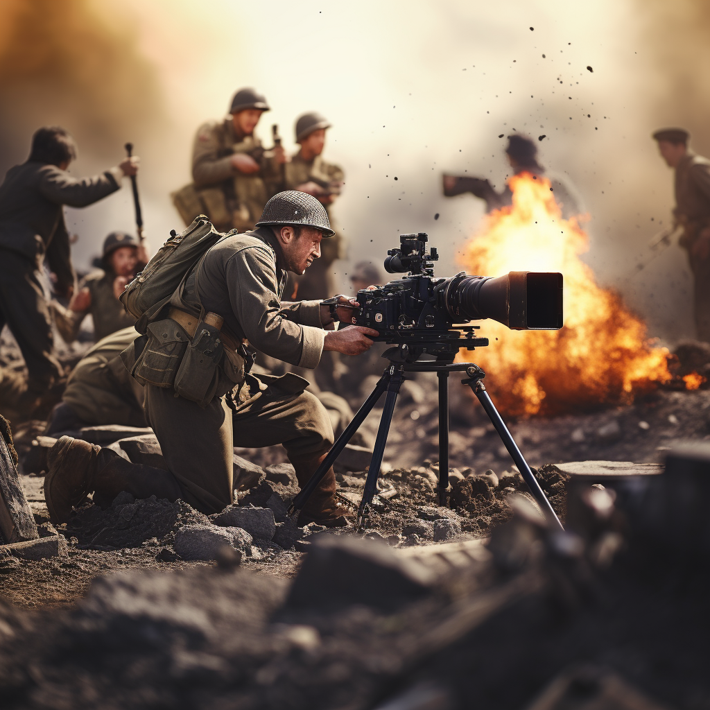 Audie Murphy shooting a machine gun in battle