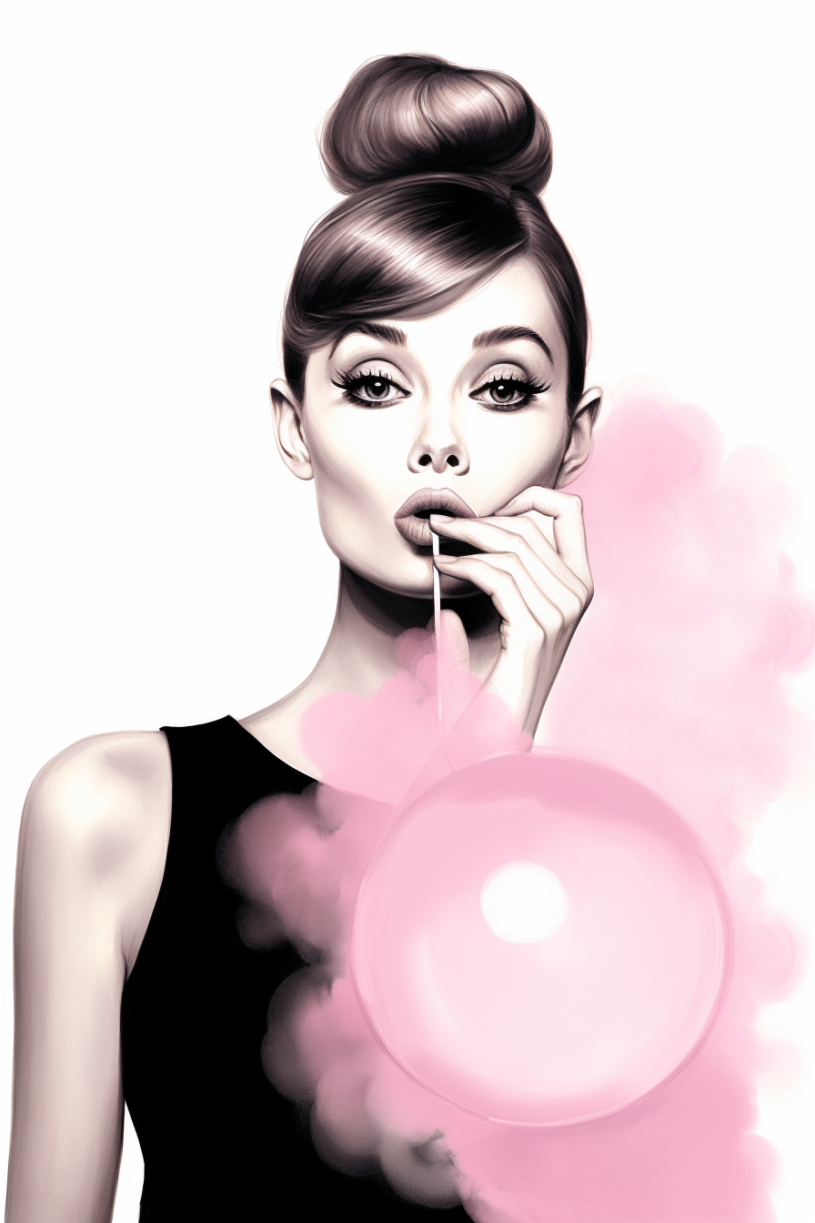 Audrey Hepburn blowing pink bubble gum