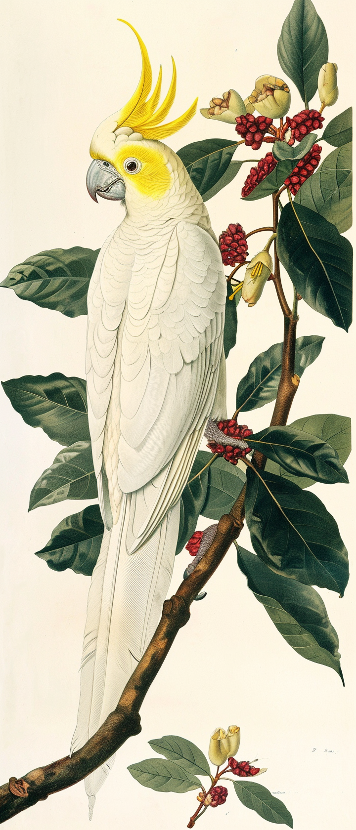 Cacatua Standing on Branch Botanical Illustration